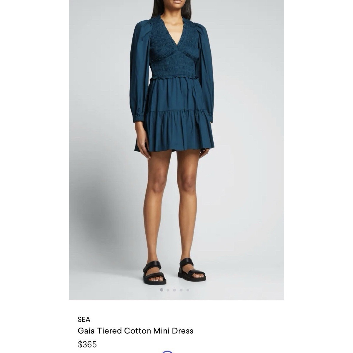 Sea New York Gaia Aegean Teal Blue Smocked Cotton Mini Dress Sz 2 Romantic Chic